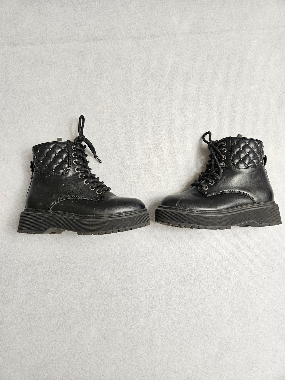 Girls Black Combat Boots Studded Quilted Moto Lace Up Side Zip Size 12